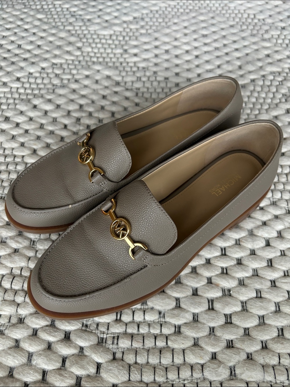 Michael Kors Taupe MK Gold Bit Loafers